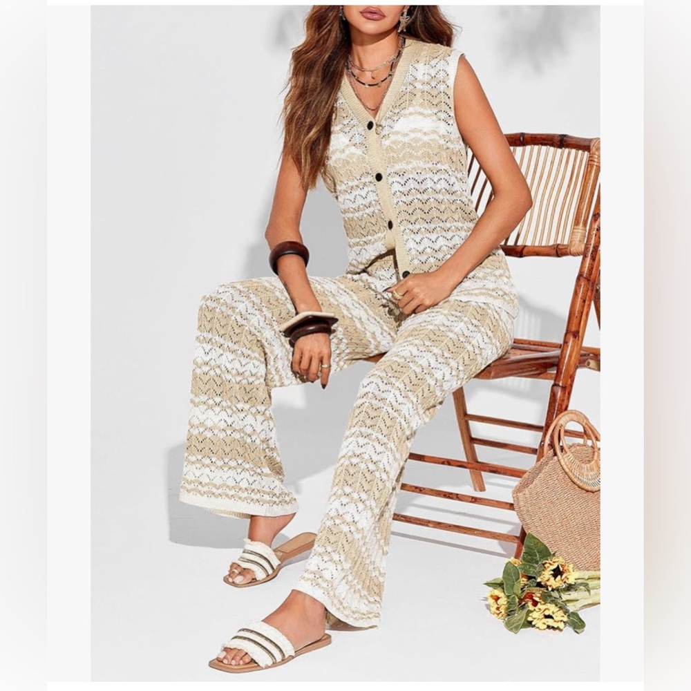 NWT BEIGE KNIT CROCHET 2PC SET COVERUP-S - Picture 13 of 17